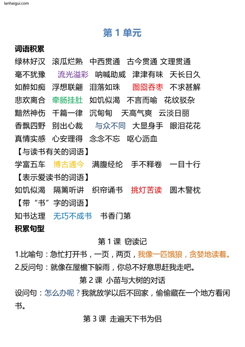 5年级语文上册词语归类积累 课文佳句汇总(1)(lanhaigui.com)_001